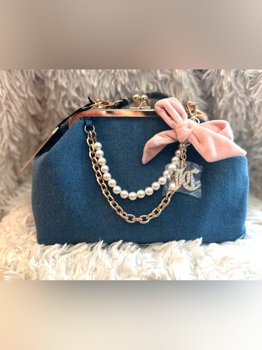 Juicy Couture Blue Denim Frame Satchel with Pink Bow and Pearl Chains - Picture 4 of 9